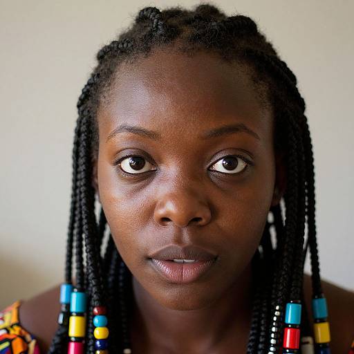 Photograph of a serious, dark-skinned African woman with long, beaded braids, wearing colorful beaded earrings, against a plain white background