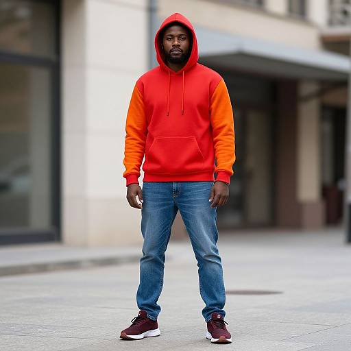Man in Red Hoodie on Sidewalk