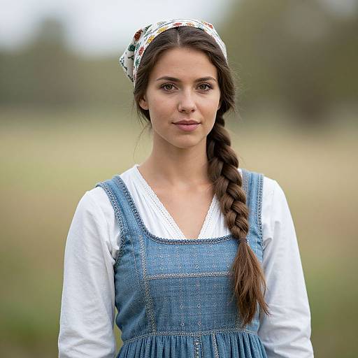 Photograph of a young woman with long dark hair in a braid, wearing a white blouse and blue pinafore dress, floral headscarf