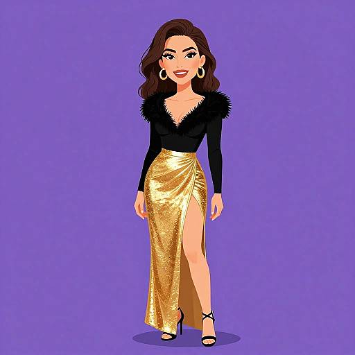 Digital illustration of a confident woman with wavy brown hair, wearing a black fur-trimmed top, gold sequined skirt with thigh-high slit,