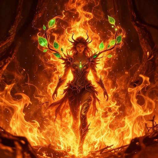 Digital fantasy artwork of a fiery, horned, green-leafed winged figure standing amid intense orange flames, with glowing green accents and dark,