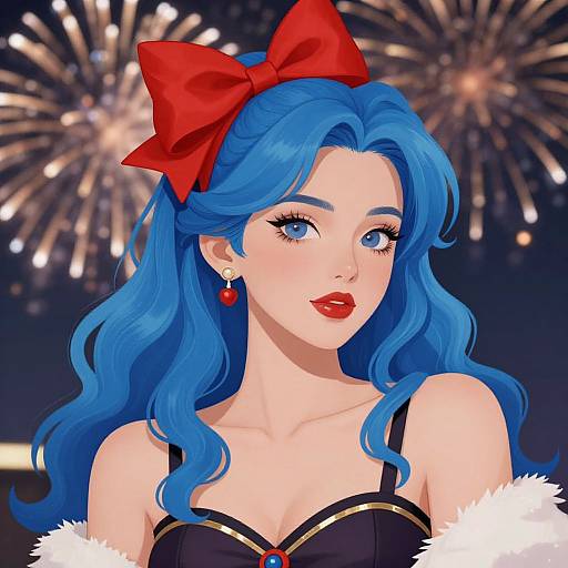 Woman with Blue Hair and Fireworks