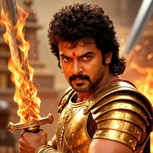 Photograph of a fierce, dark-haired Indian warrior with a red forehead dot, holding a flaming sword, clad in golden armor, against a fiery,