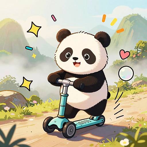 Cheerful Baby Panda on Bamboo Scooter