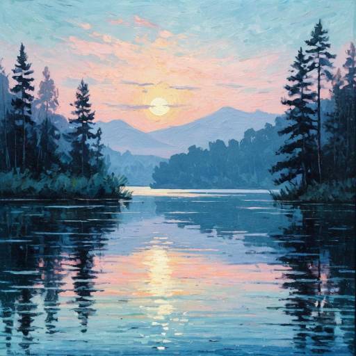Serene Lake Dawn in Impressionist Style