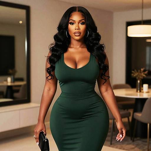 Photograph of a curvy Black woman with long, wavy black hair, wearing a tight, green, low-cut dress, standing in a modern