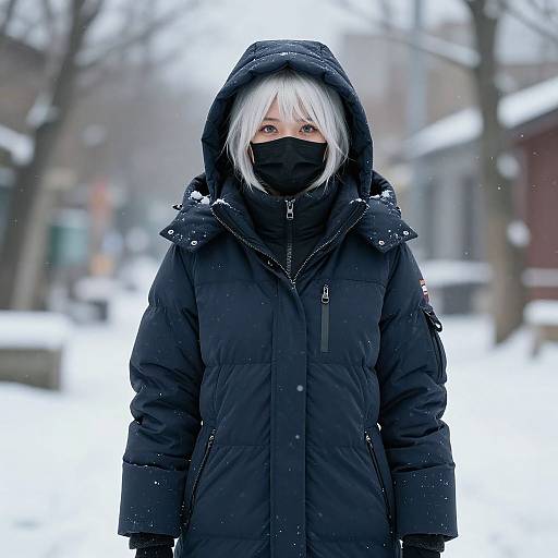 Photograph of a pale-skinned woman with white hair, wearing a black hooded parka, black mask, and gloves, standing in a snowy