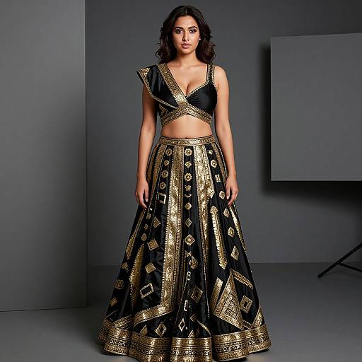 Photograph of a dark-haired woman in a black and gold geometric-patterned, sleeveless crop top and full skirt, standing against a gray studio background