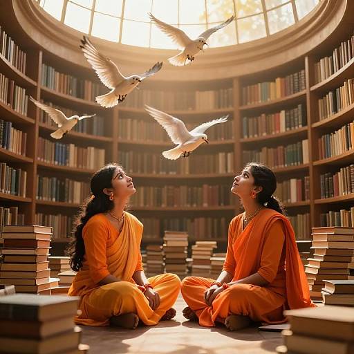 Photograph of two Indian women in orange saris, sitting cross-legged in a sunlit library, surrounded by books, watching three white doves flying