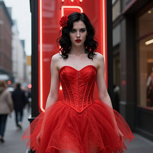 Photograph of a pale-skinned woman with dark curly hair, wearing a vivid red corset and tulle dress, standing in front of a neon