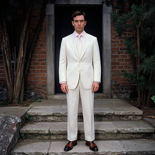 Photograph of a serious man in a white suit, pink shirt, and brown shoes, standing on stone steps against a brick wall.