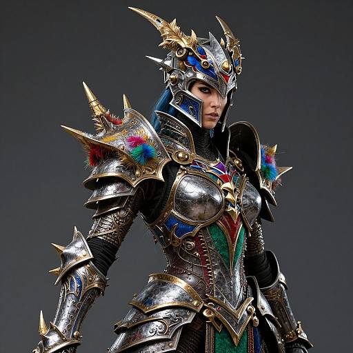CGI image of a fierce, armored warrior woman with metallic, spiked armor, colorful accents, and a detailed, crown-like helmet, set against a