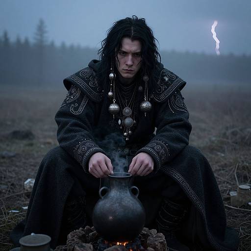 Photograph of a brooding man with long black hair, wearing a dark, ornate robe, stirring a pot over a fire in a foggy
