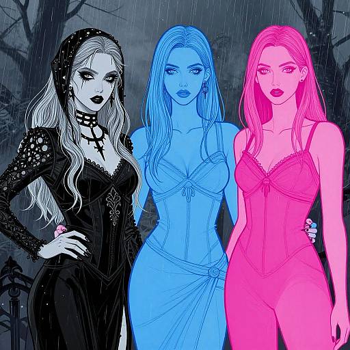 Digital illustration of three women in monochromatic dresses (black, blue, pink) standing in a rain-soaked forest at night. Each woman has
