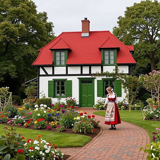 Tudor Cottage with Garden and Woman