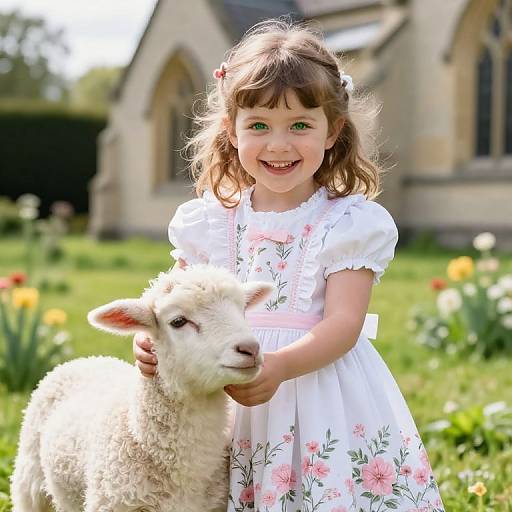 Photograph of a smiling young girl with brown hair in a white floral dress, holding a fluffy white lamb in a sunny garden with a blurred church in