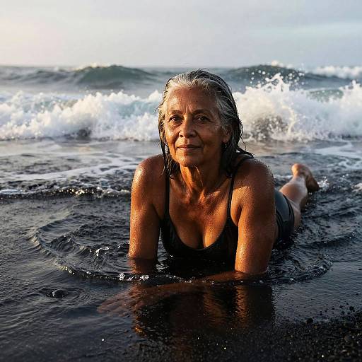 Photograph of a smiling, wet-haired, middle-aged woman with tanned skin, wearing a black swimsuit, lying in shallow ocean waves, sunlight