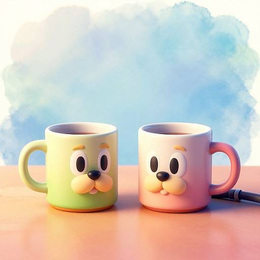 Photograph of two colorful ceramic mugs with cartoon mustaches, one green and one pink, on a wooden table against a blue gradient background.