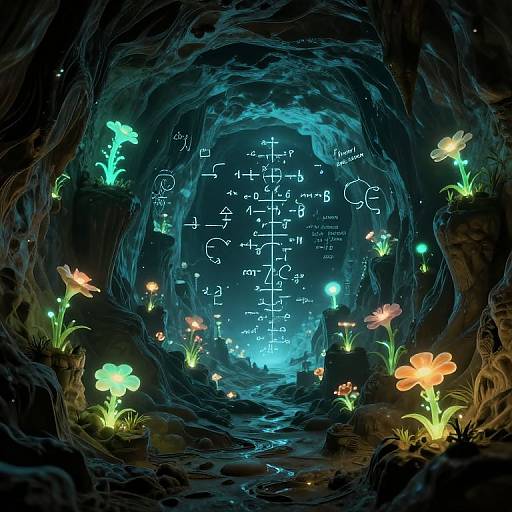 Digital artwork of a glowing, bioluminescent cave with neon equations and symbols on the walls, surrounded by colorful, luminescent mushrooms and plants