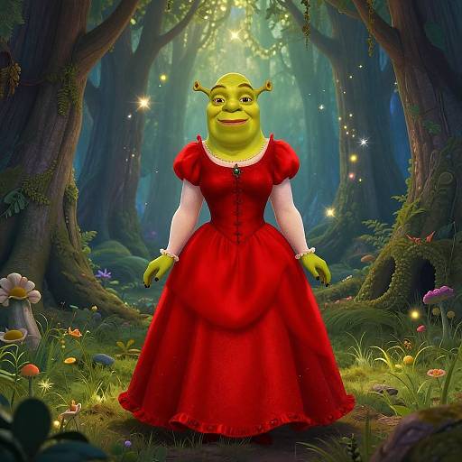 Digital illustration of a green-skinned, elf-like woman with antennae wearing a red dress and white sleeves, standing in a magical forest with glowing fire