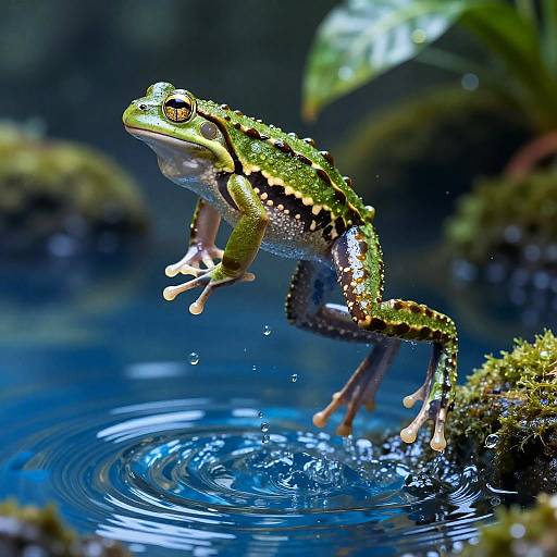 Photograph of a vibrant green and black-spotted frog with large, bulging yellow eyes, jumping out of clear blue water, creating ripples.