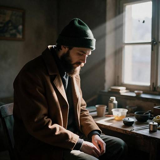 Moody Portrait of Bearded Man in Rustic Setting