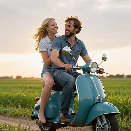 Photograph of a smiling blonde woman and bearded man riding a teal vintage scooter through a green field at sunset.