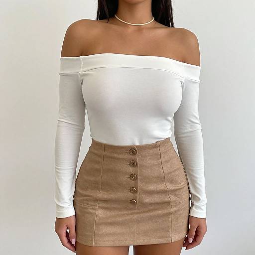 Photograph of a woman with tan skin wearing a white off-shoulder top, beige buttoned skirt, and white necklace against a plain white background