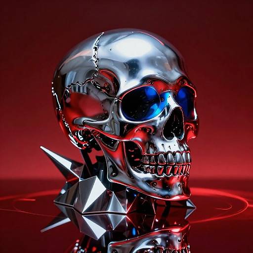 Glossy, reflective chrome skull with red and blue highlights, wearing a spiked collar, set against a red gradient background. Digital artwork.
