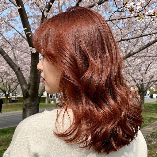 Photograph of a woman with wavy, auburn hair, wearing a white sweater, standing in a cherry blossom tree-lined park.