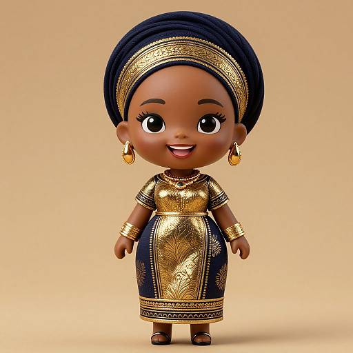 Digital 3D illustration of a cute, dark-skinned African doll with large eyes, gold-accented black dress, headwrap, earrings,