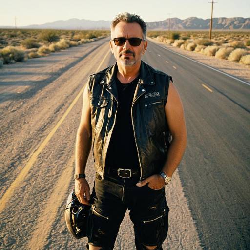 Middle-aged biker standing on desert highway