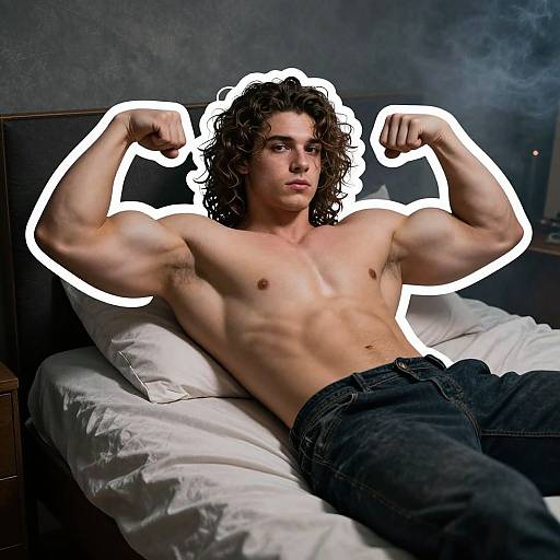 Photograph of a muscular, shirtless young man with curly brown hair, flexing his biceps while lying on a white bed, wearing dark jeans
