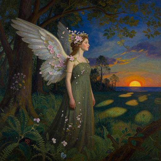 Digital painting of a fairy-like woman with translucent wings, floral crown, and green dress, standing in a dark forest at sunset with an orange sun and