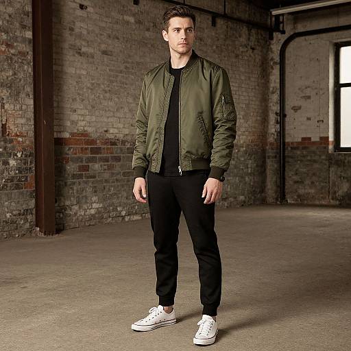 Photograph of a young Caucasian man with short brown hair, wearing a green bomber jacket, black shirt, black pants, and white sneakers, standing in
