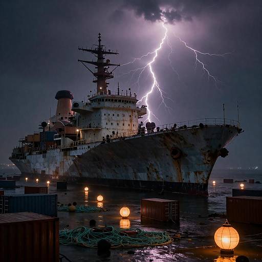Derelict aircraft carrier with lightning during stormy night