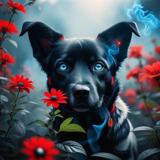 Glowing Dog with Red Flower and Smoke