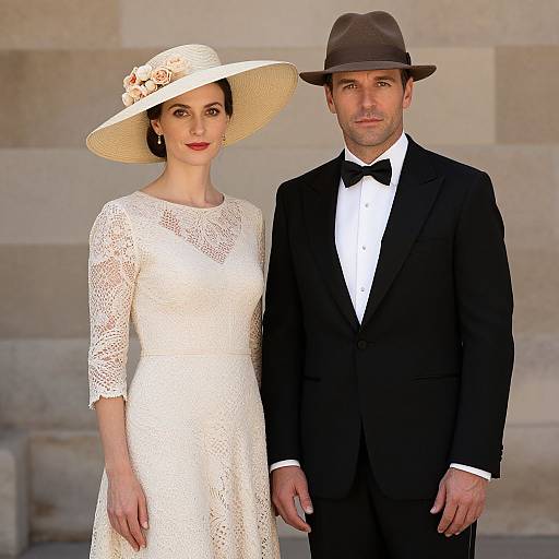 Photograph of a woman in a white lace dress and wide-brimmed hat, standing beside a man in a black tuxedo and brown fed