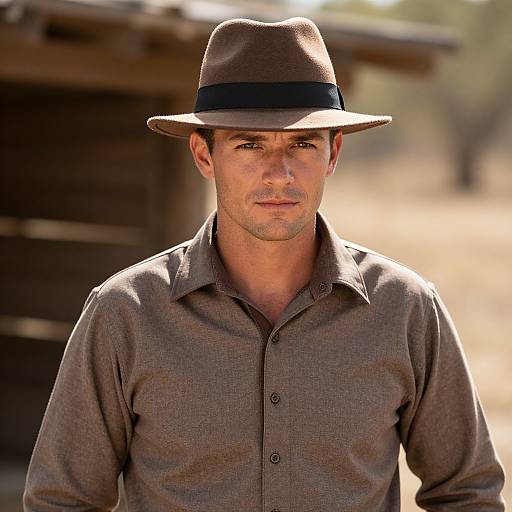 Photograph of a handsome, light-skinned man with short brown hair, wearing a brown fedora and checkered shirt, standing outdoors against a blurred