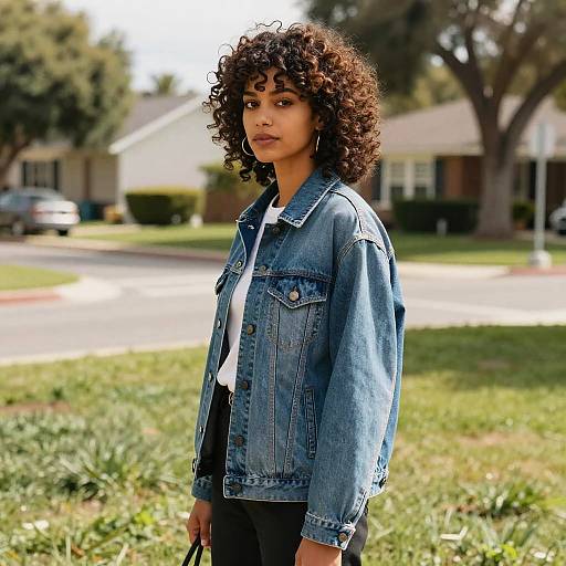 Photograph of a young Black woman with curly hair, wearing a blue denim jacket over a white shirt, standing on a sunny suburban lawn with houses and