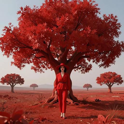 Vibrant Woman in Red Surreal Landscape