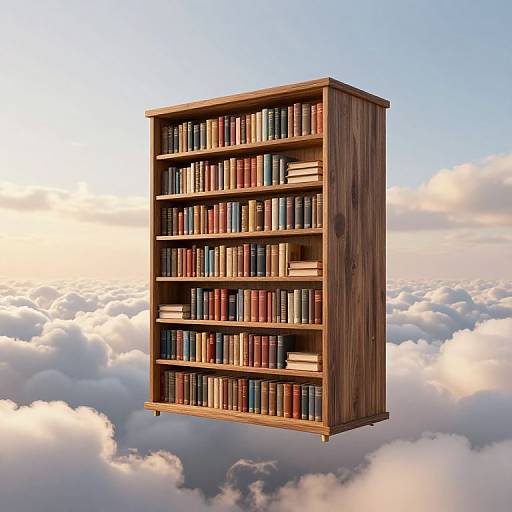 Photograph of a wooden bookshelf filled with colorful books floating in a sky filled with fluffy white clouds at sunset.