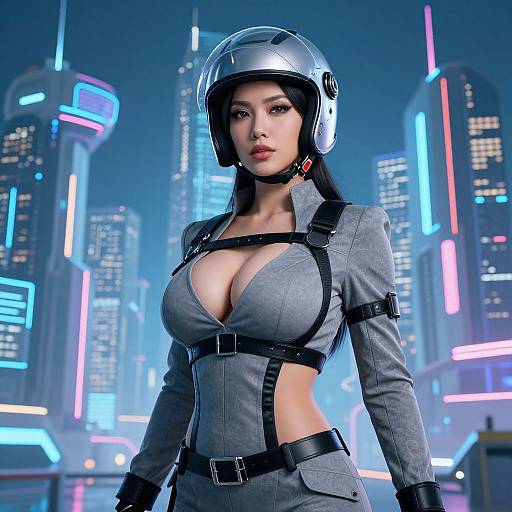 CGI image of a beautiful Asian woman in a futuristic city, wearing a silver helmet, gray harness suit, and black belts, with large breasts,