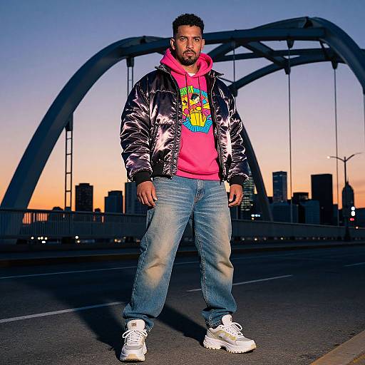 Photograph of a bearded man with short curly hair, wearing a shiny black jacket, bright pink hoodie, blue jeans, and white sneakers, standing