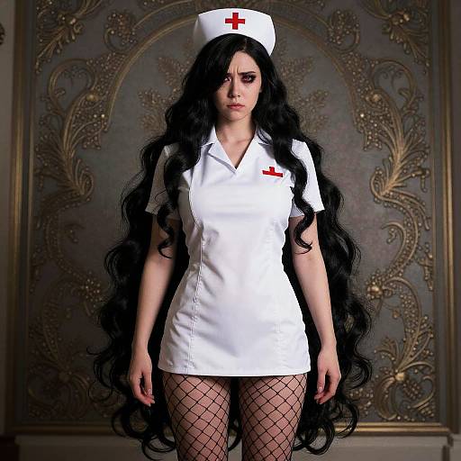 Photograph of a pale-skinned woman with long black hair, wearing a white nurse outfit with red cross, fishnet stockings, and a nurse hat