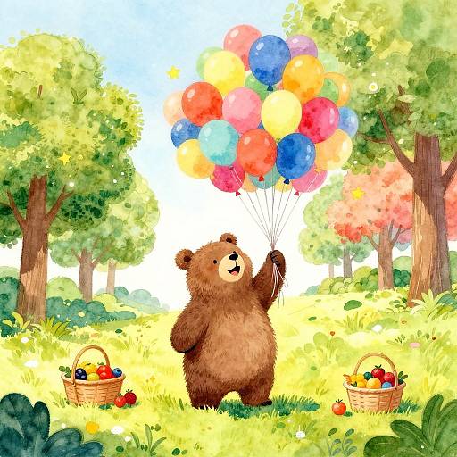 Adorable brown bear standing on grassy forest clearing, holding colorful balloon bunch, with two baskets of fruits on either side. Digital illustration.