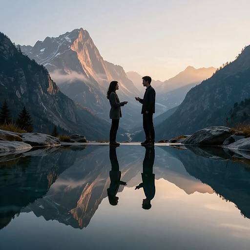 Silhouetted couple standing on a reflective mountain lake at sunset, facing each other, with towering peaks and mist in the background.