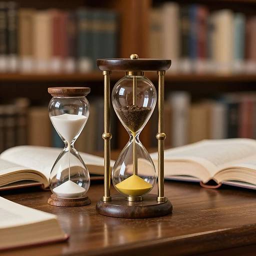 Photograph of two hourglasses, one with white sand and the other with black, on a wooden table with open books in a library.