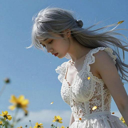 Photograph of a young woman with long silver hair, wearing a white lace dress, standing in a sunlit field of yellow flowers against a clear blue