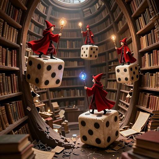Photorealistic CGI: Four red-robed, wizard-like figures with glowing staffs stand on floating dice in a cluttered, circular library with wooden